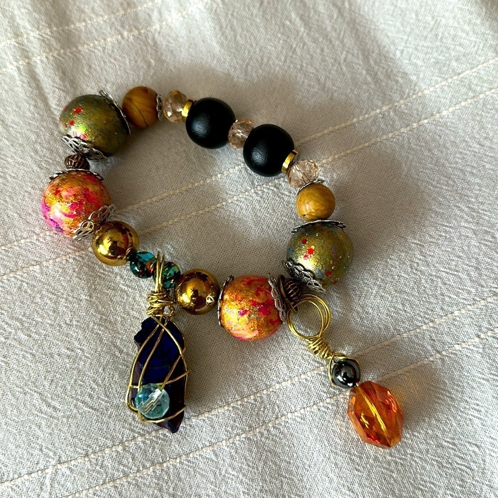 Collage bracelet Handmade Charm with Hand-Painted Beads & Wire-Wrapped 0778